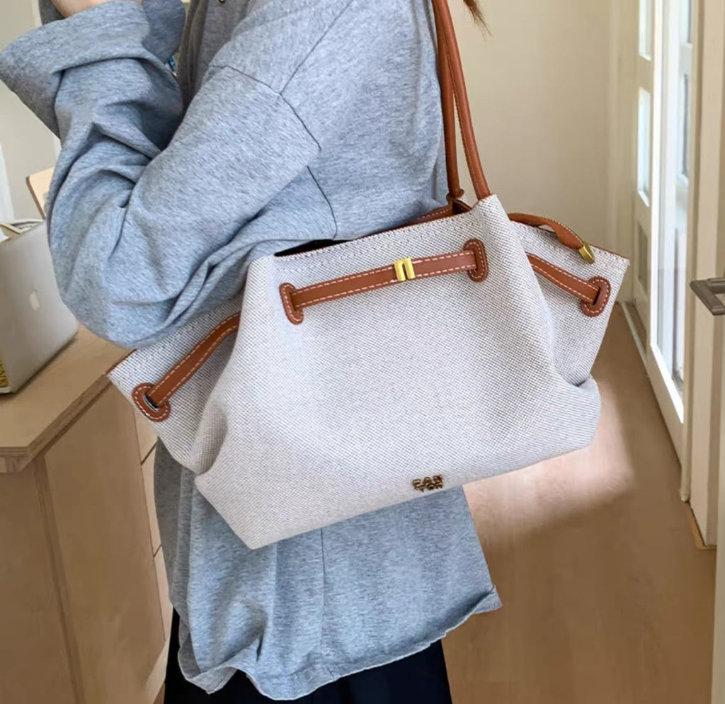 Spacious Fabric Shoulder Tote Bag with Leather Accents