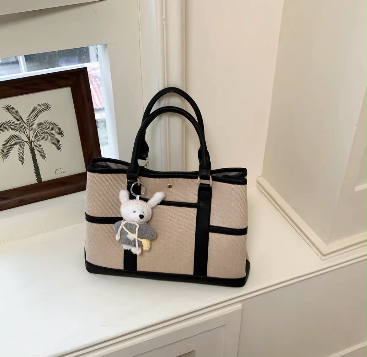 Stylish Canvas Tote Bag with Charm Accent