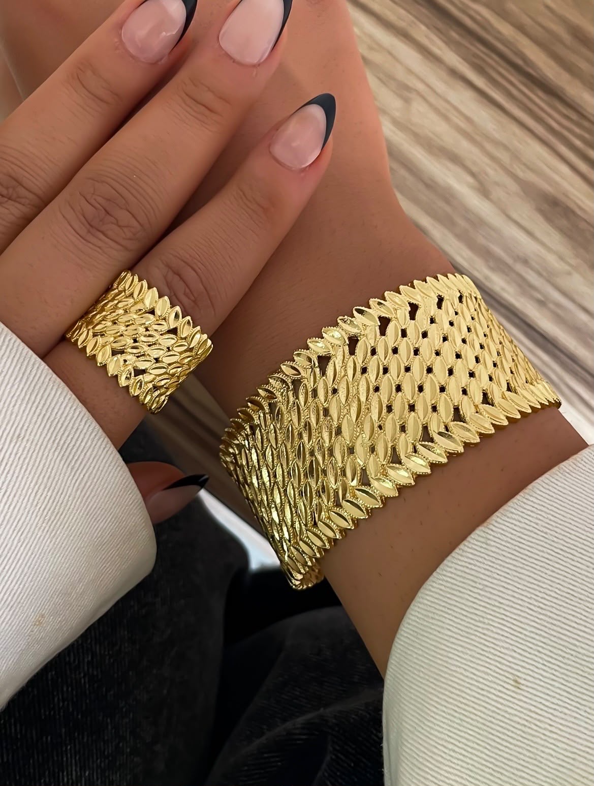 Luxurious Gold-Plated Cuff Bracelet & Ring Set