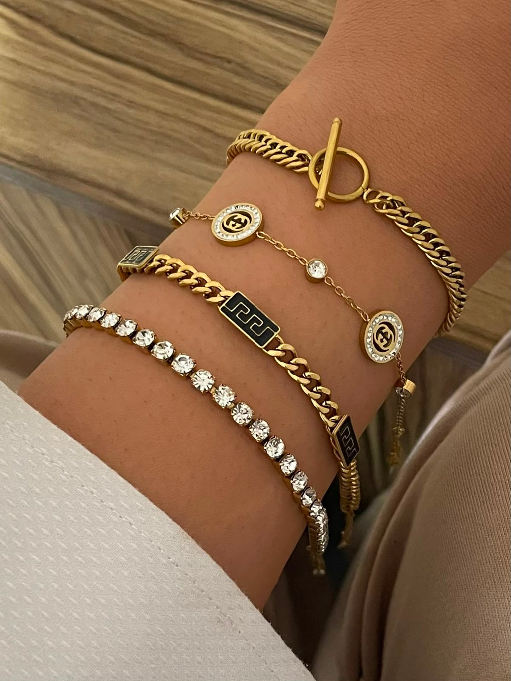 Stainless Steel Layered Charm & Tennis Bracelets