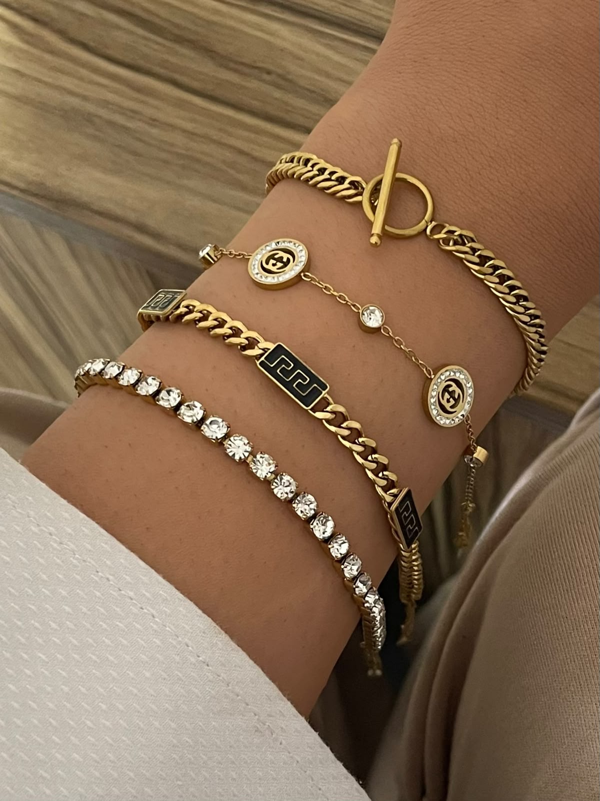 Stainless Steel Layered Charm & Tennis Bracelets