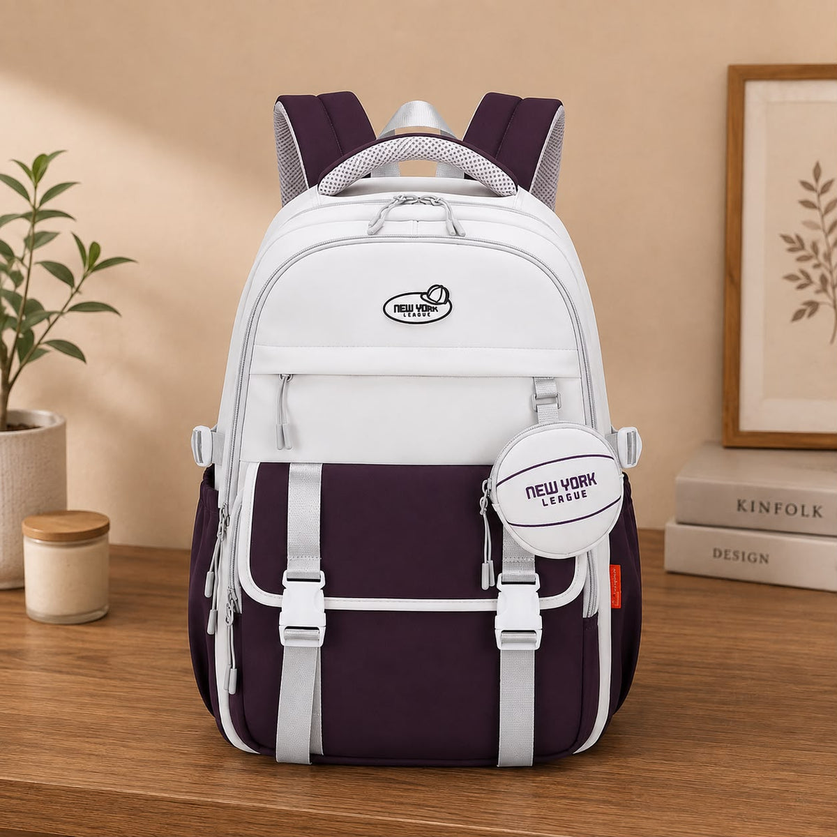 NEW YORK LEAGUE Two-Tone School Backpack with Mini Pouch
