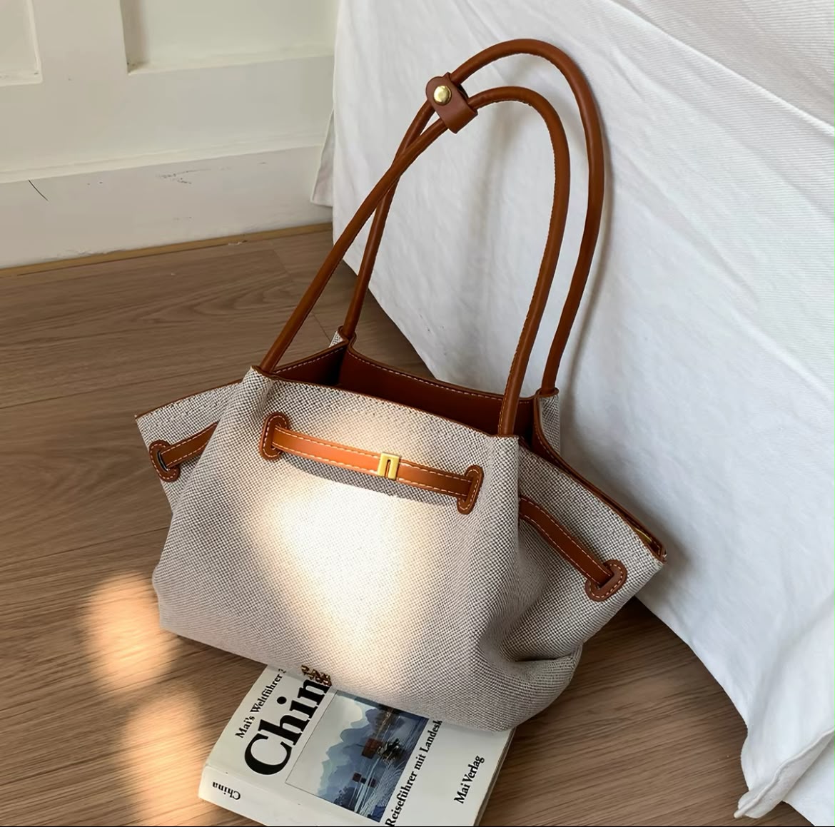 Spacious Fabric Shoulder Tote Bag with Leather Accents