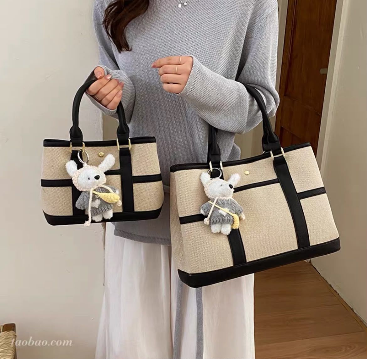 Stylish Canvas Tote Bag with Charm Accent