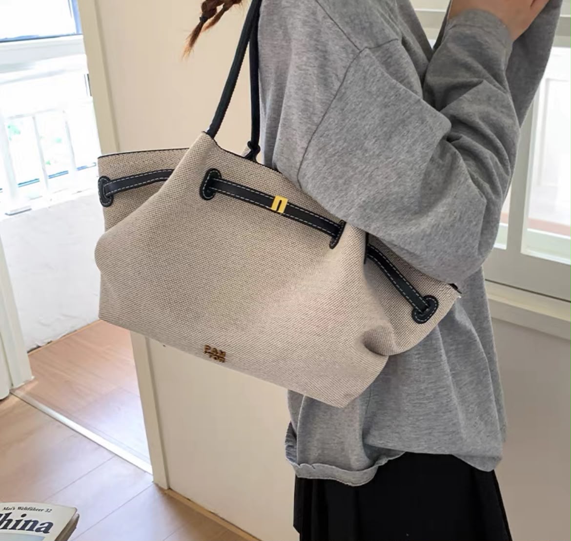 Spacious Fabric Shoulder Tote Bag with Leather Accents