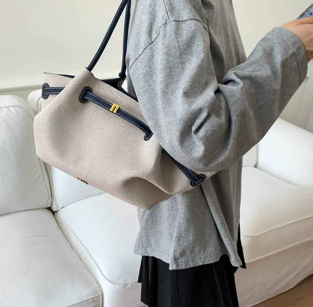 Spacious Fabric Shoulder Tote Bag with Leather Accents
