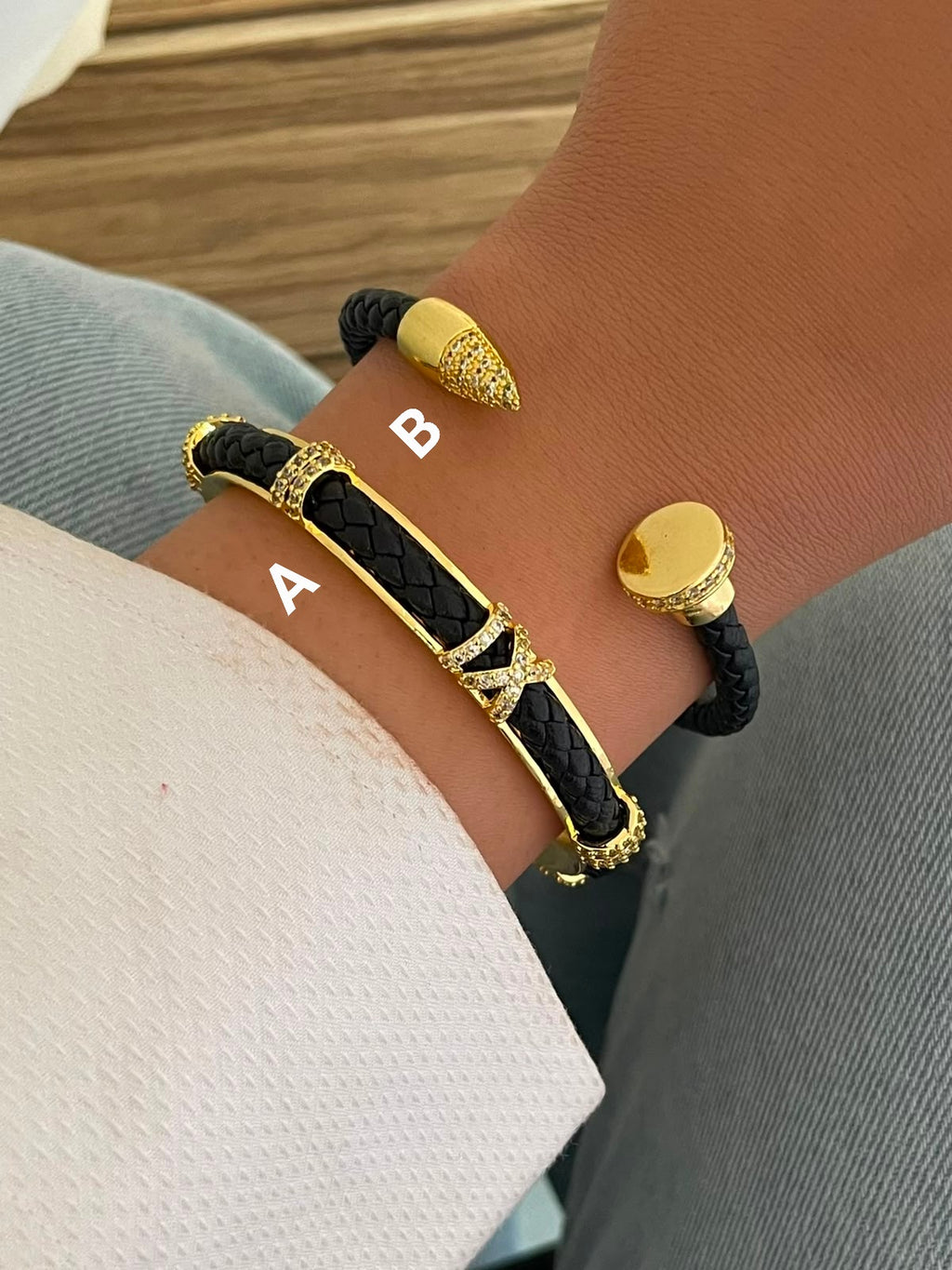 Elegant Black Leather & Gold-Plated Bracelet Collection